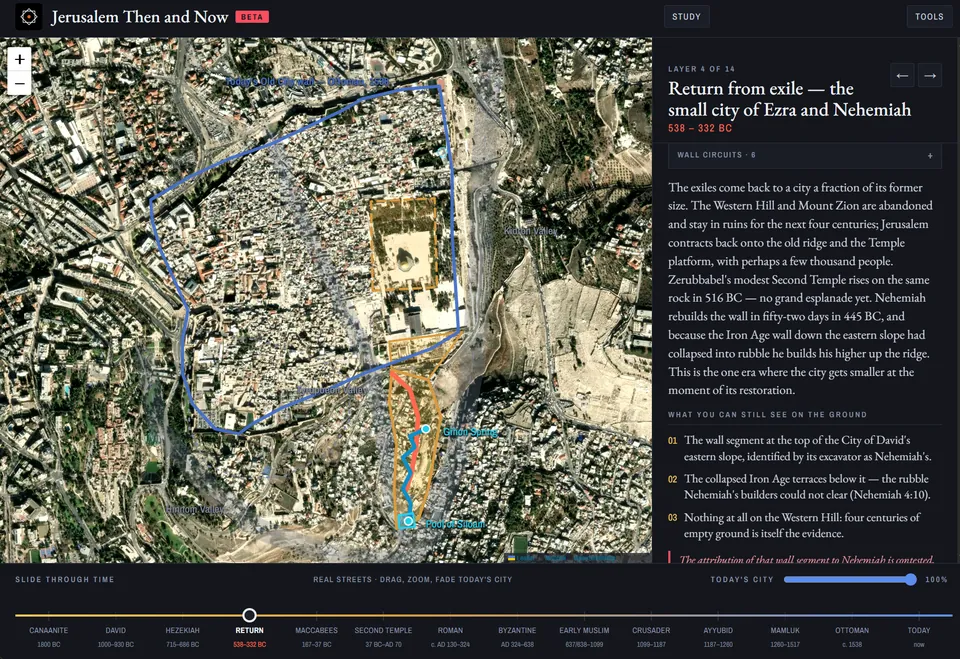 Jerusalem Then and Now: satellite view of the Old City with the ancient walls of Ezra and Nehemiah's day overlaid