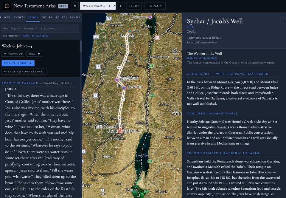 New Testament Atlas: map of Galilee, Samaria and Judea beside the reading for John 2 to 4
