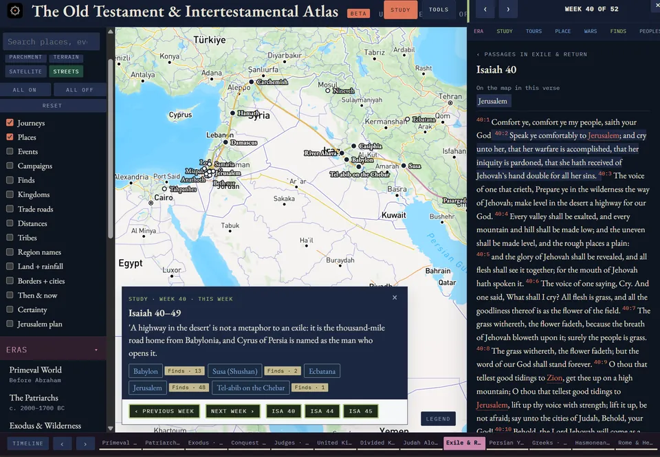Old Testament Atlas: map of the ancient Near East with places, layers and the weekly reading panel